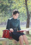 油画《读书的少女》朝鲜一级画家张恩美作品