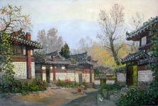 油画《开城老街》朝鲜人民
